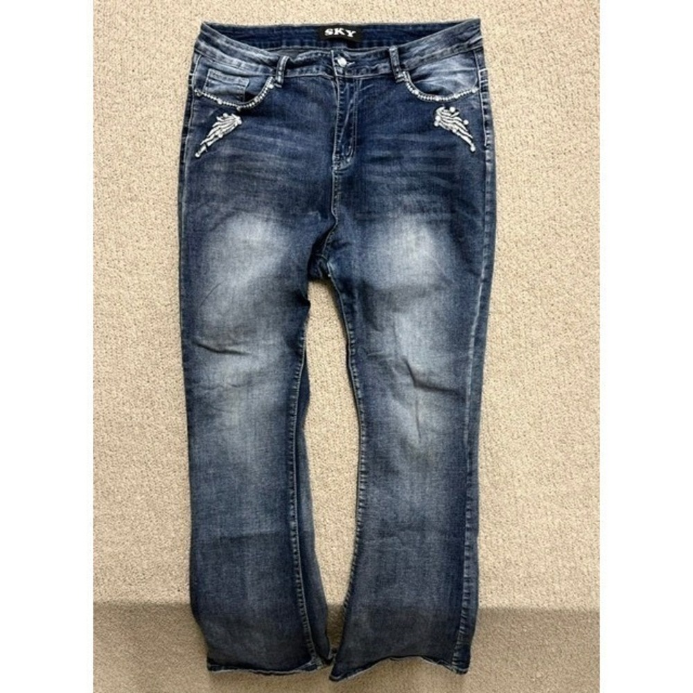 SKY Premium Skull Wing Rhinestone Bootcut Jeans 17 Y2K